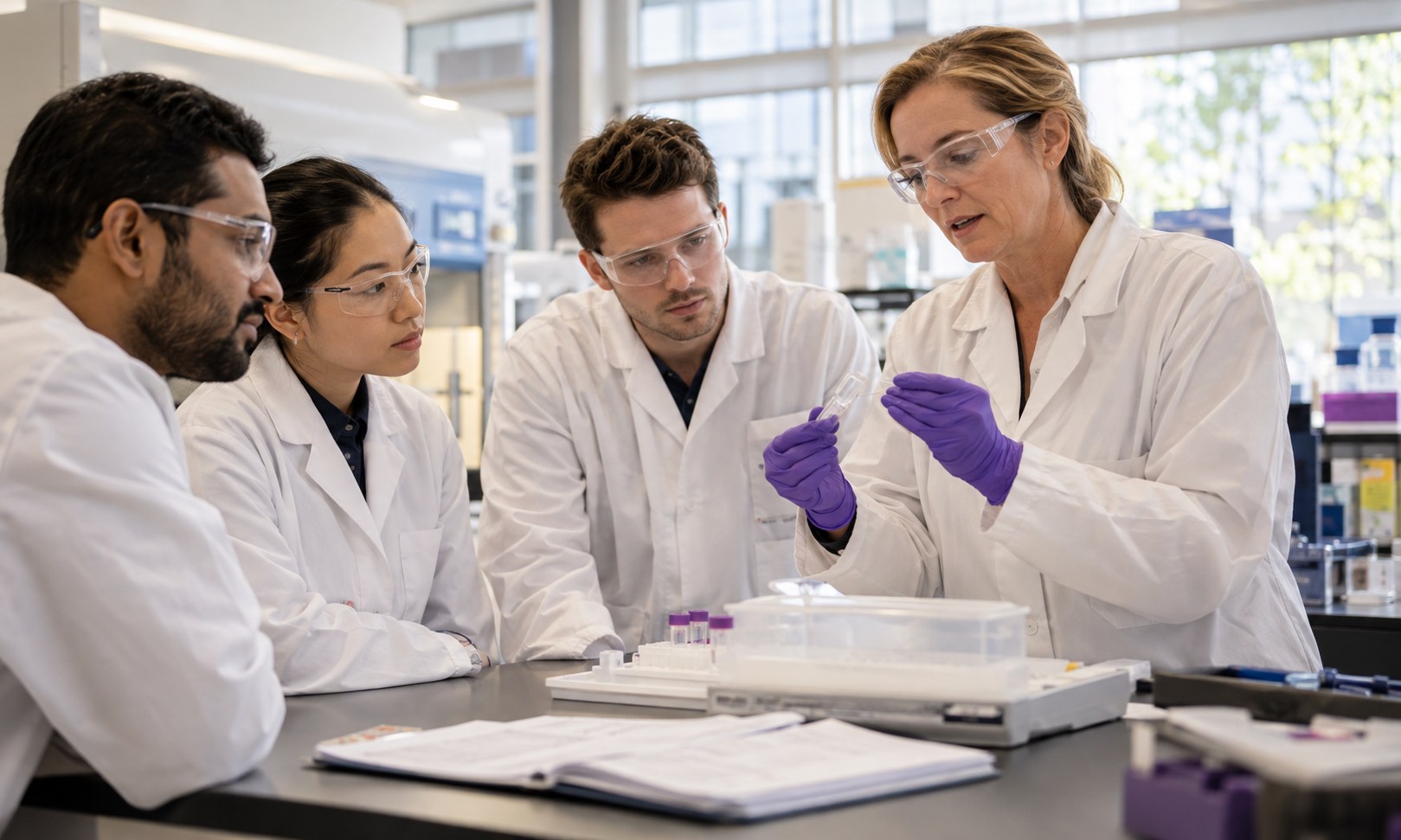 Trainer leading practical learning at a laboratory bench