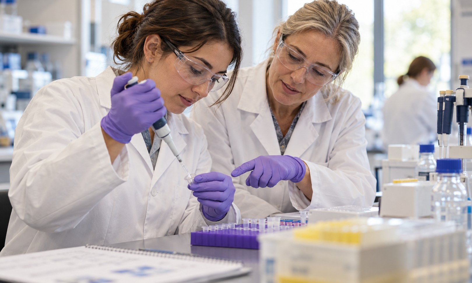 Mentor coaching a trainee through a laboratory procedure