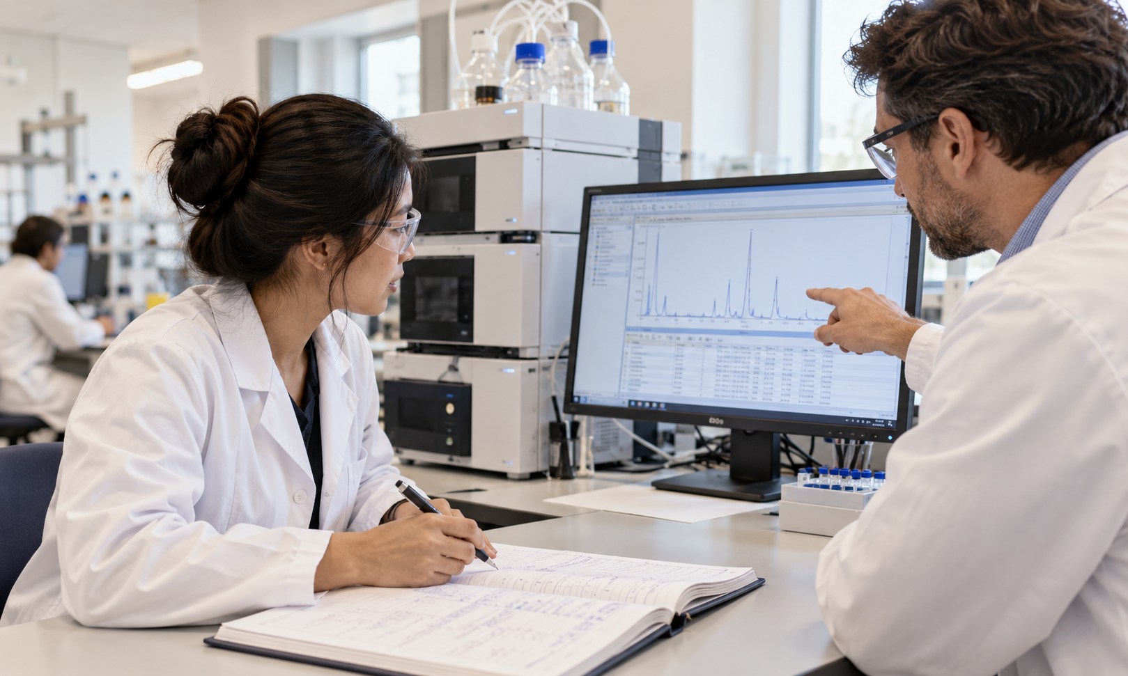 Laboratory and quality specialists reviewing instrument results and records