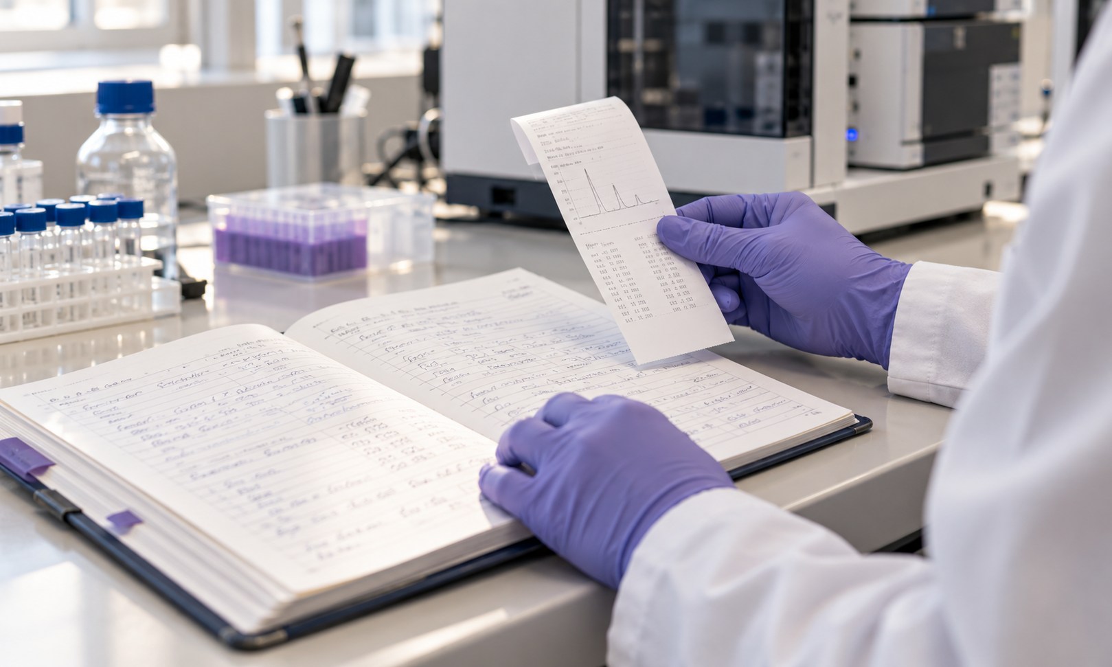 Gloved analyst checking an instrument printout against a laboratory logbook