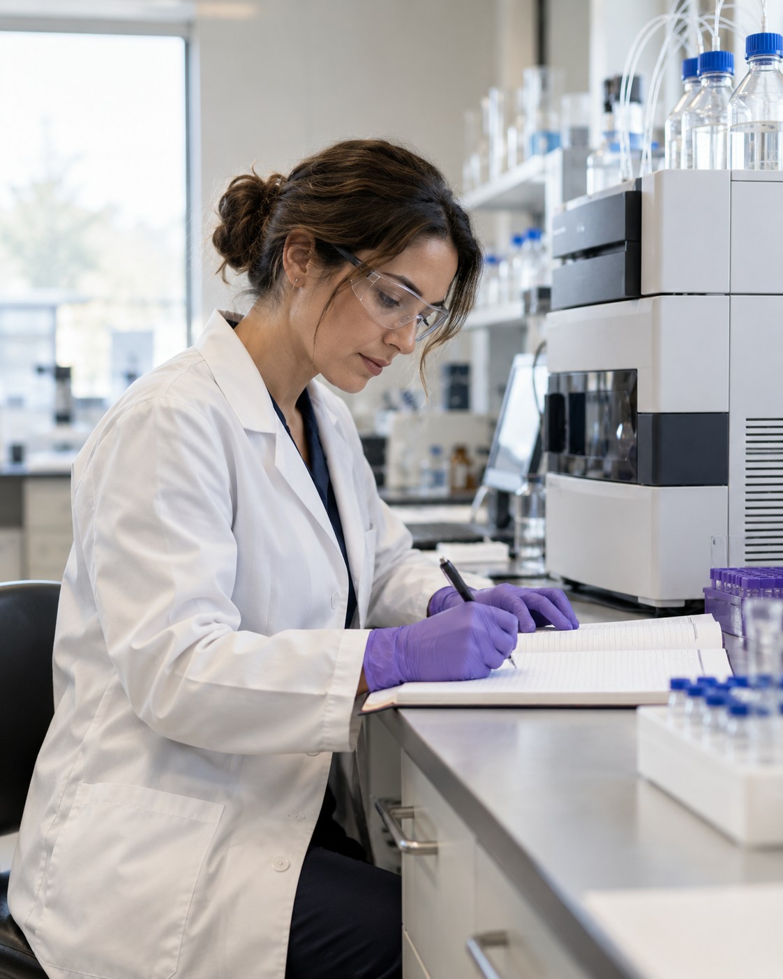 Laboratory analyst recording observations in a bound notebook
