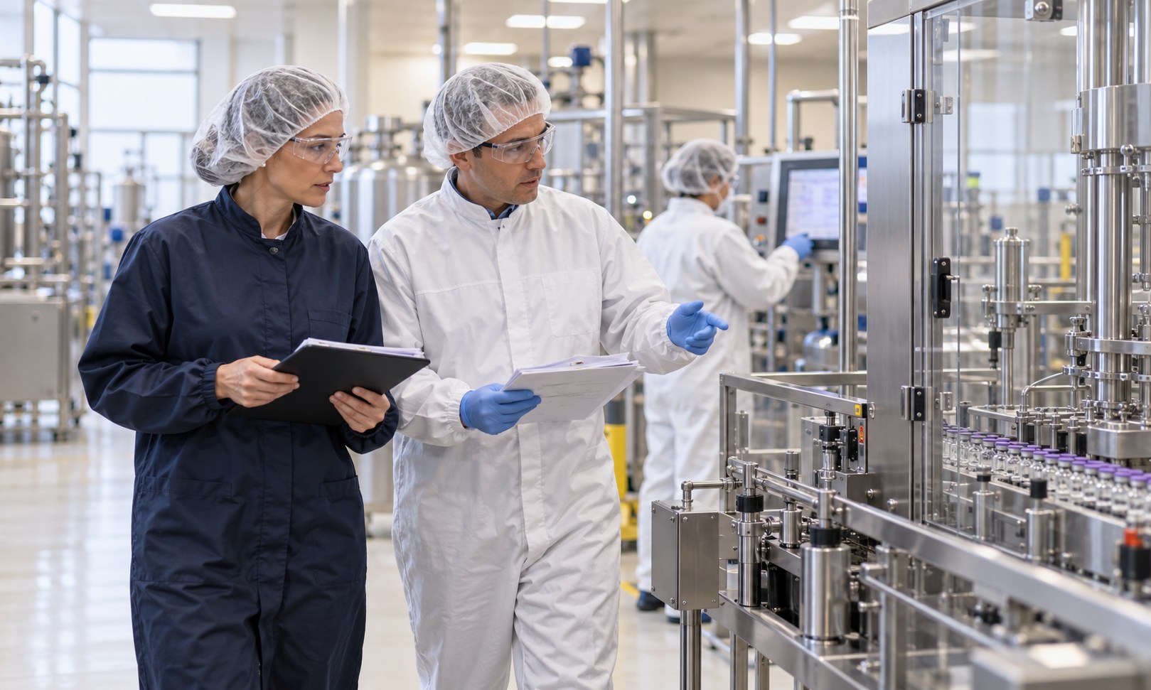 Quality assessor and production lead observing a manufacturing process