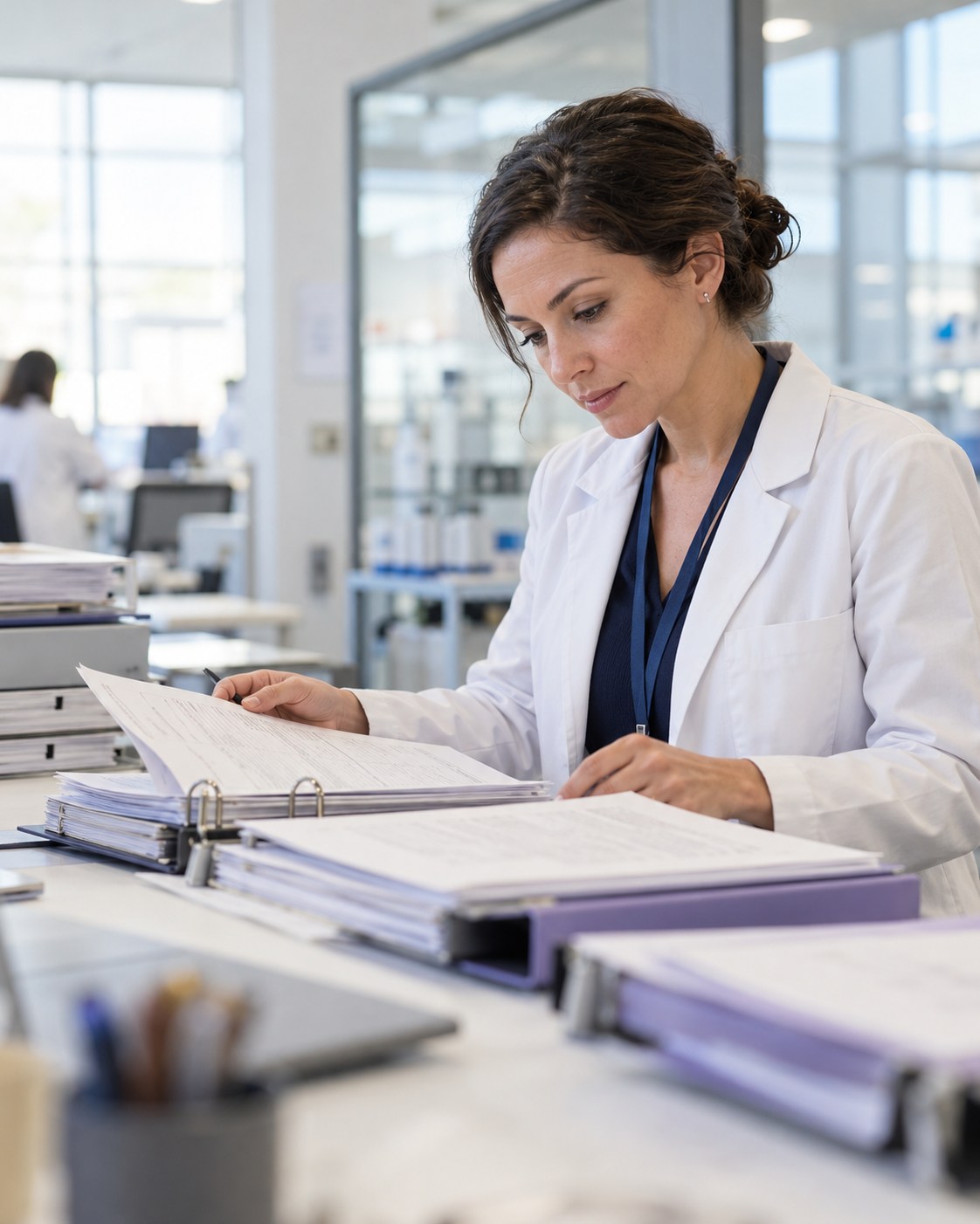 Quality specialist reviewing controlled production records