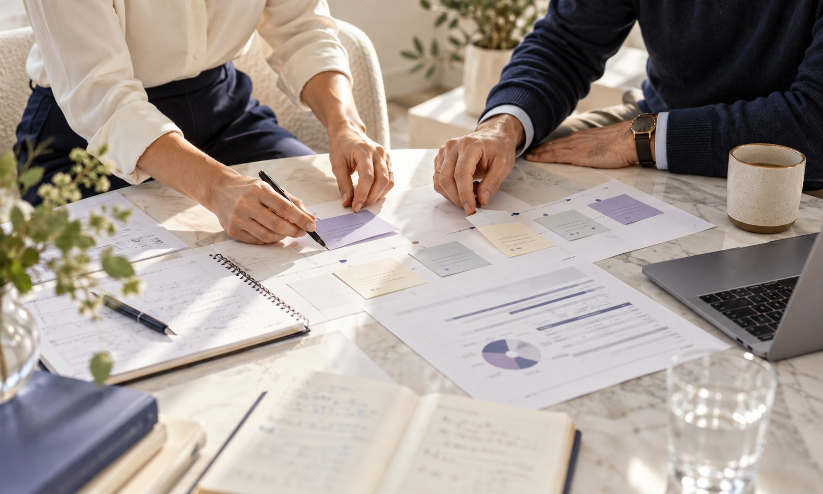 Quality plan and milestone cards being reviewed at a table